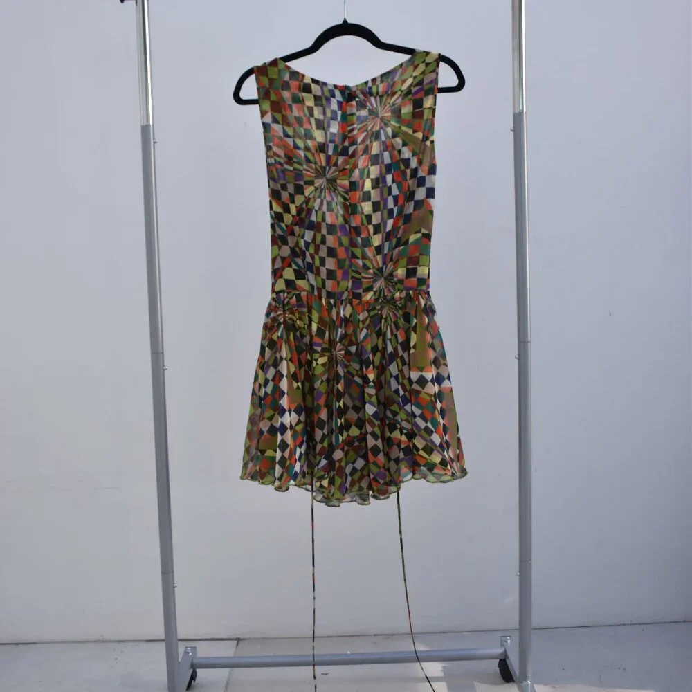 Zoni Kaleidoscope Print Mini Dress – Draped Bust & Flowy Skirt, Size 40 - Picture 2 of 3